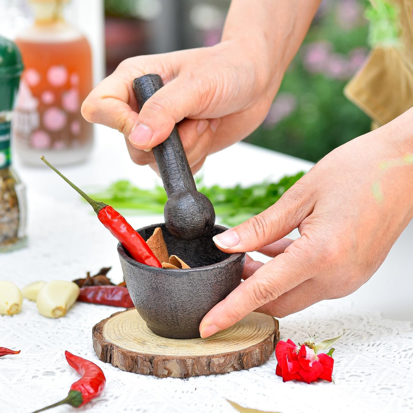 Sungmor Cast Iron Mortar and Pestle, Small Heavy Duty Black Spice Grinder Set, 3" Diameter Mortar and 3.9" Long Pestle, Rustic Useful Kitchen Tools for Grinding Spices, Herbs, Nuts and Pesto