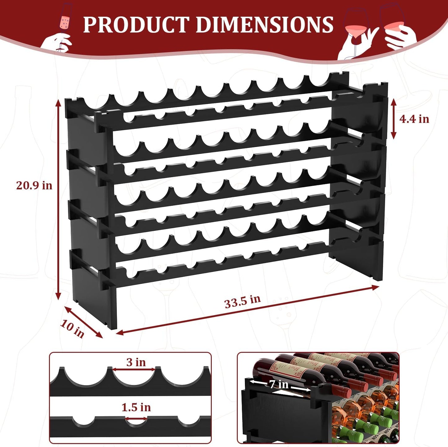 Domax Wine Rack Freestanding Floor - 36 Bottle Wooden Stackable Wine Storage Holder for Cabinet, Bar, Pantry and Cellar 33.5 inch Wide(Black)