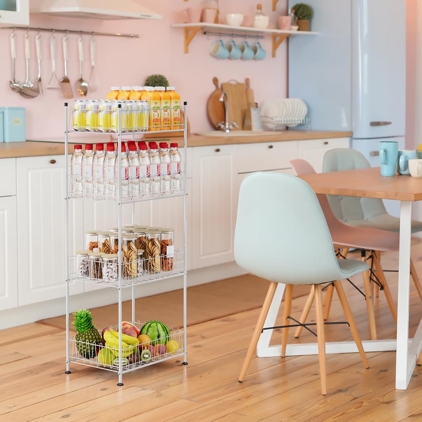 Water Bottle Holder Organizer 4 Tier Drink Can Shelf Organizer Rack for Floor Freestanding Water Bottle Rack Stand Beverage Storage Shelf for Pantry Kitchen Food Storage, Silver