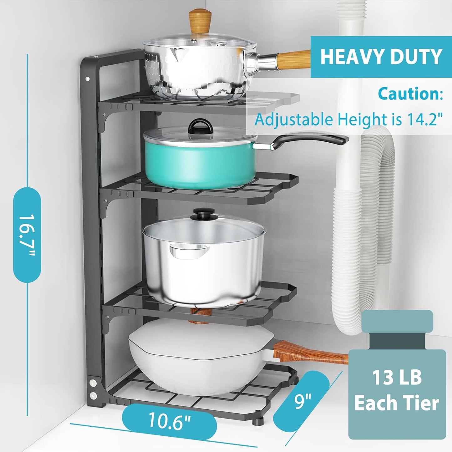 Pot and Pan Organizer Rack for under Cabinet, Heavy Duty Pot Pan Rack under Sink Organizers and Storage, Pot lid organizer, Kitchen Cabinet Organizer with 4 Adjustable Tiers