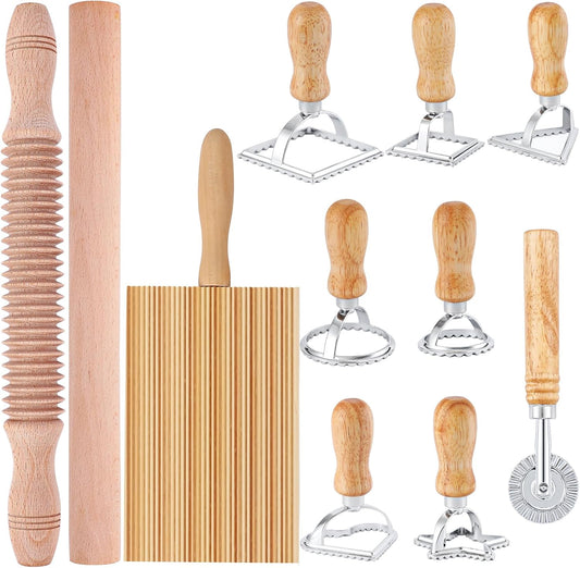 Pasta Making Tool Set of 11, Ravioli Maker Cutter Stamp Set, 1 Pasta Cutter Wheel with 1 Dough Roller, 1 Wood Gnocchi Board with 1 Ravioli Rolling Pin, Pasta Maker Tools for Lasagna, Pierogi
