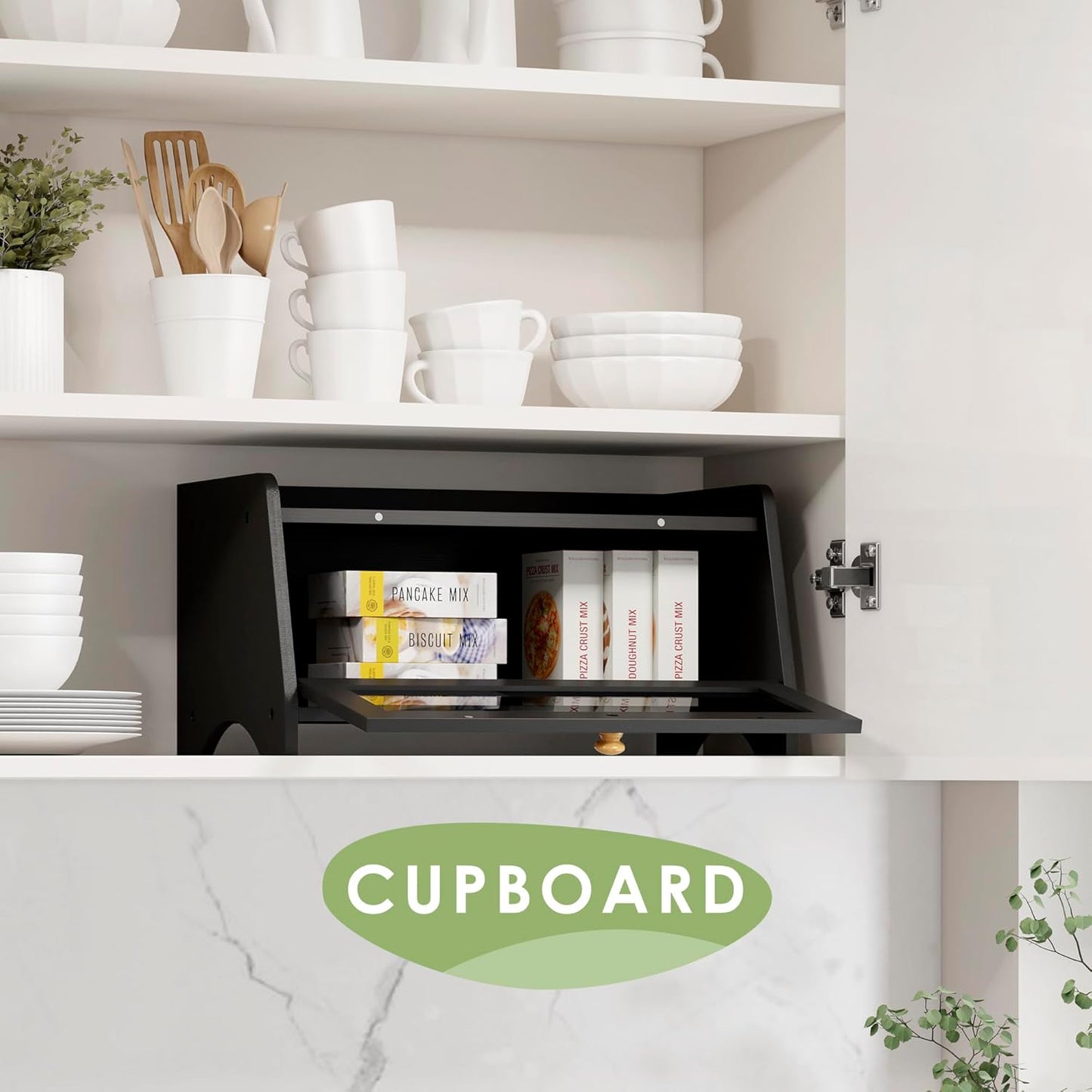 Bread Box for Kitchen Countertop, Large Bread Container Storage, Wooden Farmhouse Bread Box with Window Bread Holder (Black)