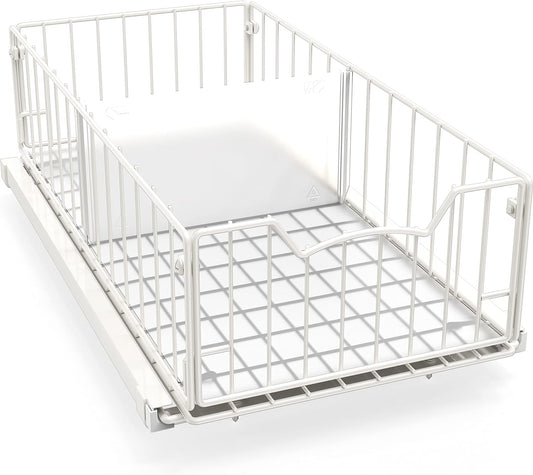 Simple Houseware Pull-Out Cabinet Sliding Basket Organizer, 17.2" D x 9.7" W x 5" H – White, Ideal for Kitchen and Bathroom Cabinet Storage, Under Sink or Pantry Organization