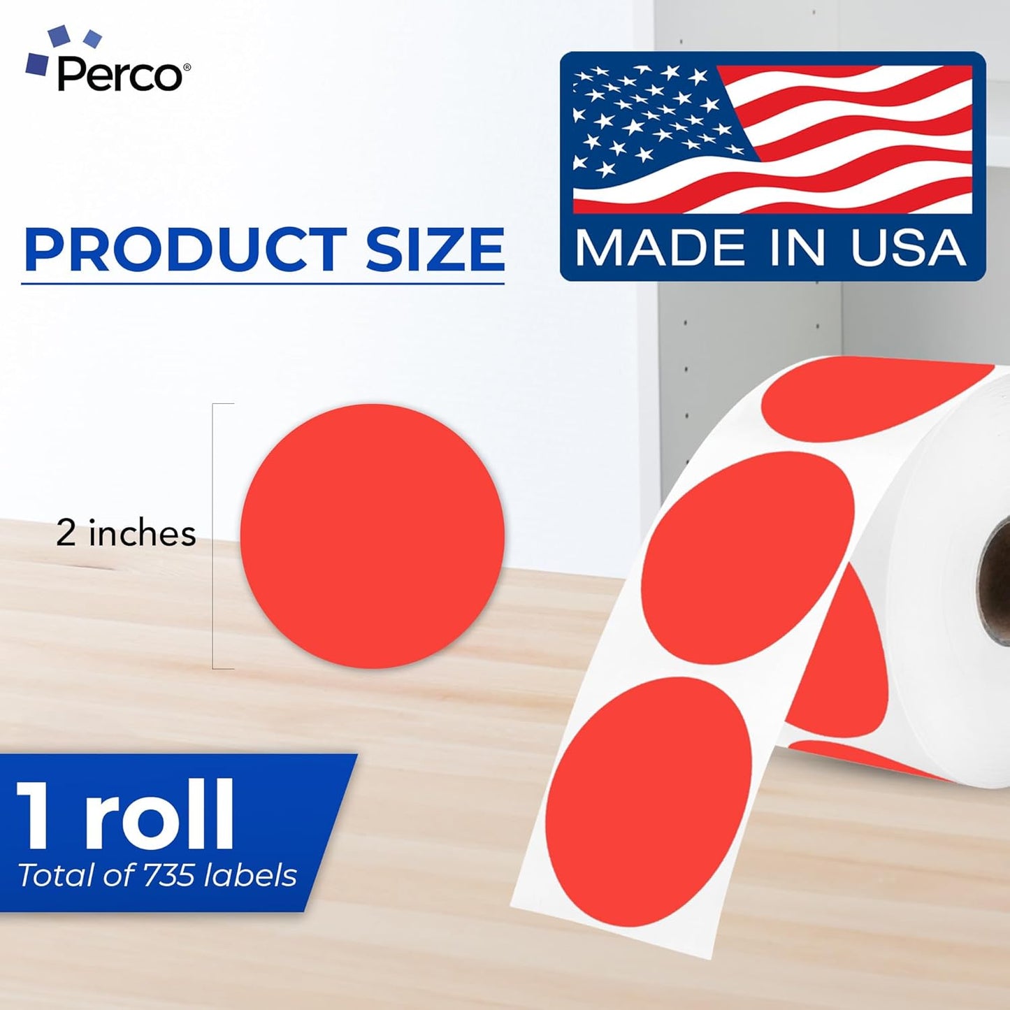 Perco Red 2-Inch Perforated Circle Dot Thermal Sticker Labels — 735 Stickers/Roll, Direct Thermal Printer Compatible—with Permanent Adhesive for Organizing, Color Coding, Bin Labeling—Made in USA