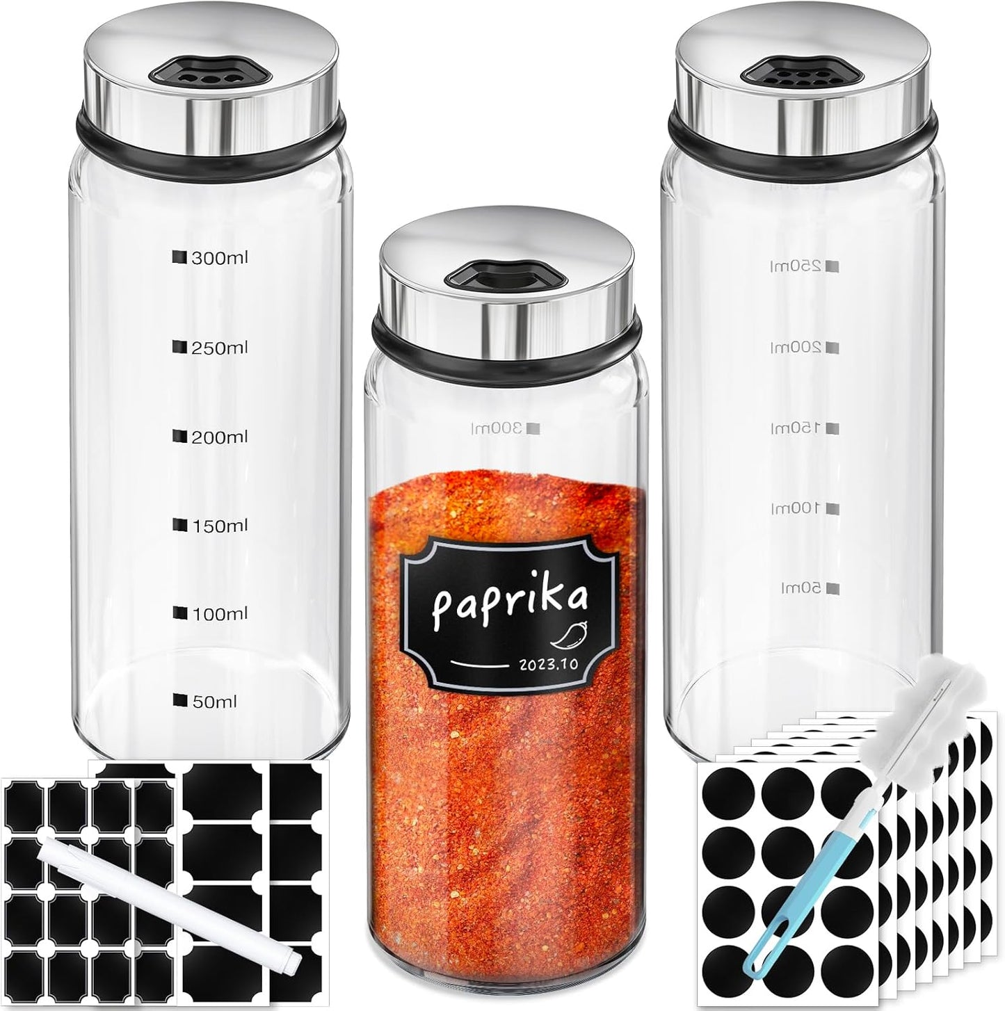 Segarty Glass Spice Jars, 3 Pack 10oz Large Spice Jar with Labels, Spice Container with Adjustable Shaker Lids, Salt Pepper Shakers Set Seasoning Bottles with 136 Stickers, 1 Chalk Marker and 1 Brush