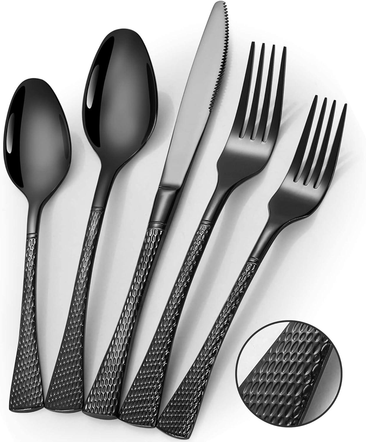 Hammered Black Silverware Set,20 Piece Modern Flatware Set Service for 4,Mirror Polished Stainless Steel Cutlery Set Utensil Set Tableware Set,Kitchen Knives Forks Spoons Set,Dishwasher Safe