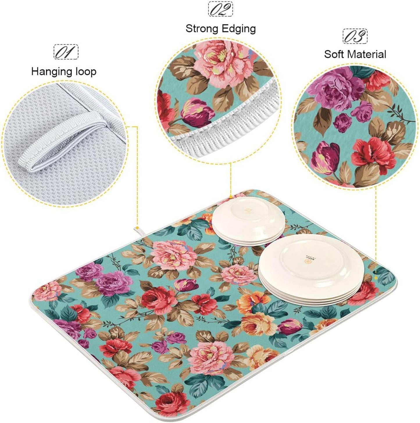Colorful Flower Leaves Dish Drying Mat for Kitchen Counter Absorbent Microfiber Drying Pad, Large 18x24 in, Reversible Drainer Mats
