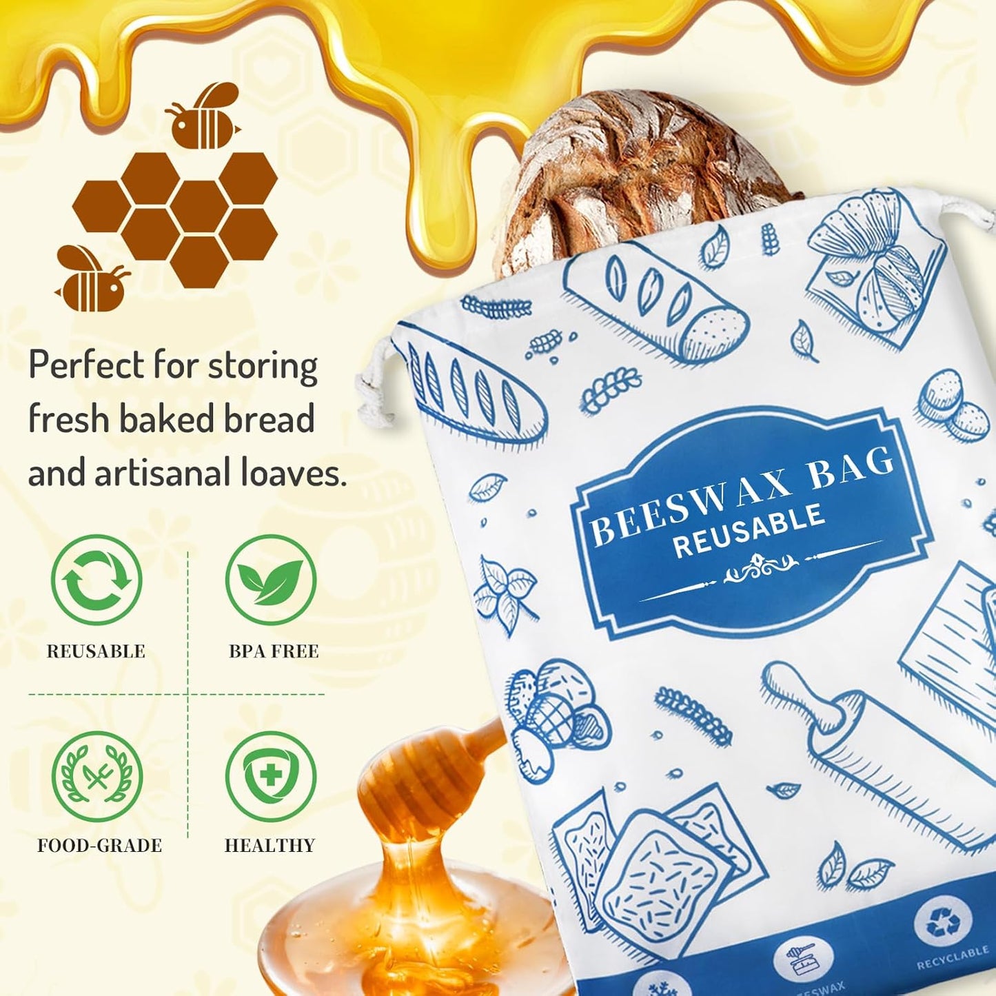 2-Pack Beeswax Bread Bags for Homemade Bread，Reusable Sourdough Storage Bags with Premium Beeswax Coating for Loafs Baguette Fresh Keeping,Great Baking Essentials and Gifts for Families & Friends.