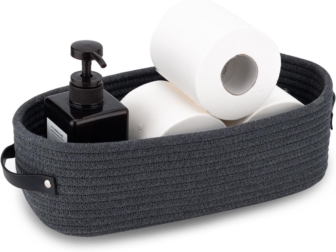 Cotton Rope Toilet Paper Holder Basket with Handle, Home Decor Organizing Small Baskets, Nursery Basket 13"x5.9"x4" Dark Gray