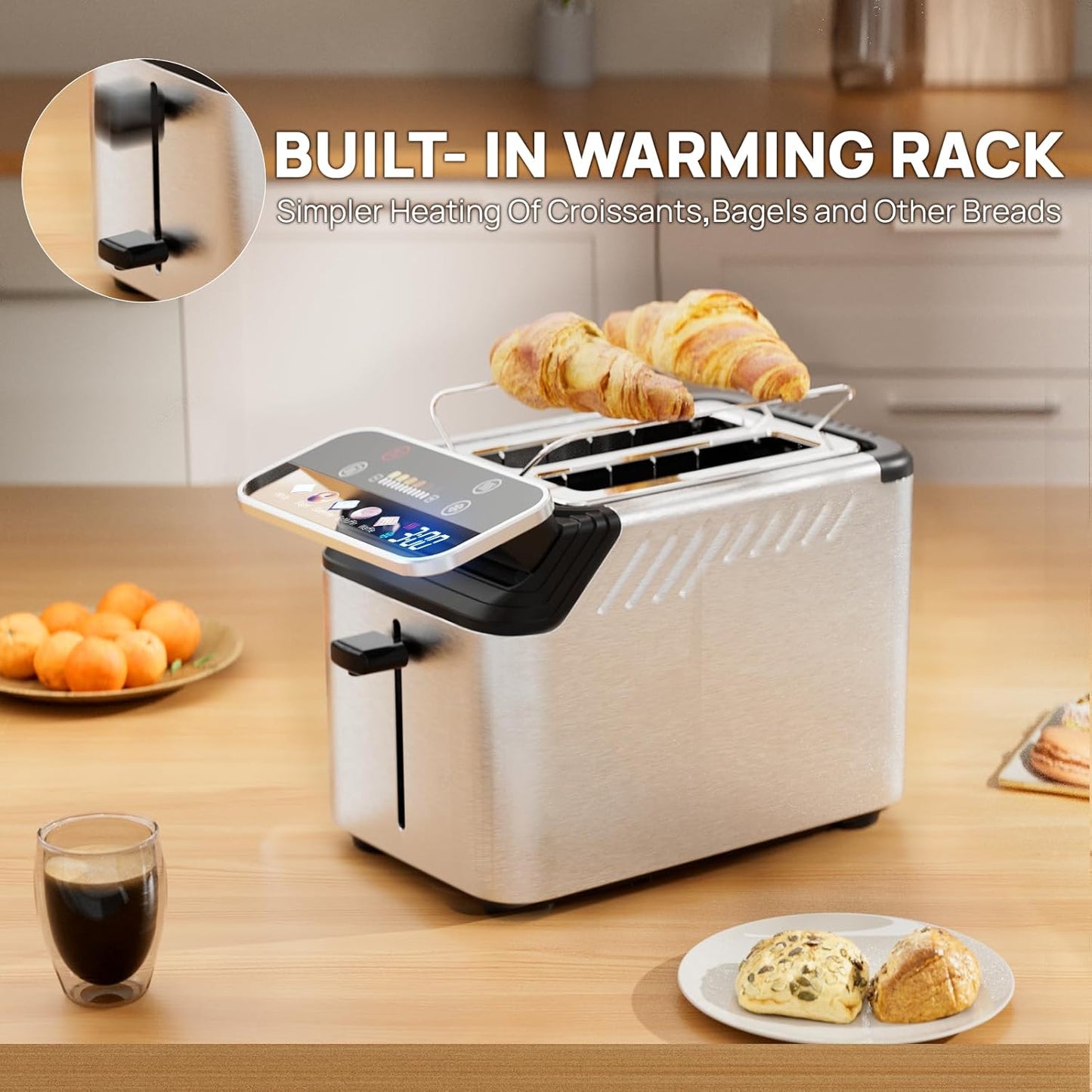WHALL Toaster 2 Slice, Touch Screen Toasters with Projection Display, 1.5" Wide Slot, 5 Bread Types & 11 Shade Settings, Digital Timer, Warming Rack, Crumb Tray, Reheat/Defrost, Silver
