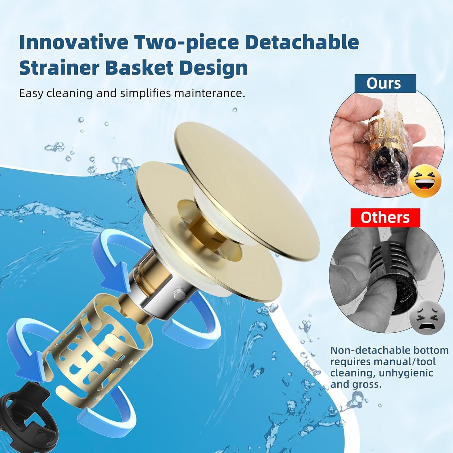 Hibbent 2 Pack Upgraded 3 in 1 Bathroom Sink Drain Strainer, Pop Up Sink Stopper with Big Cap, Anti-Clogging Metal Filter Basket,Sink Plug with Hair Catcher for 1.1''~2.36'' Basin, Brushed Gold