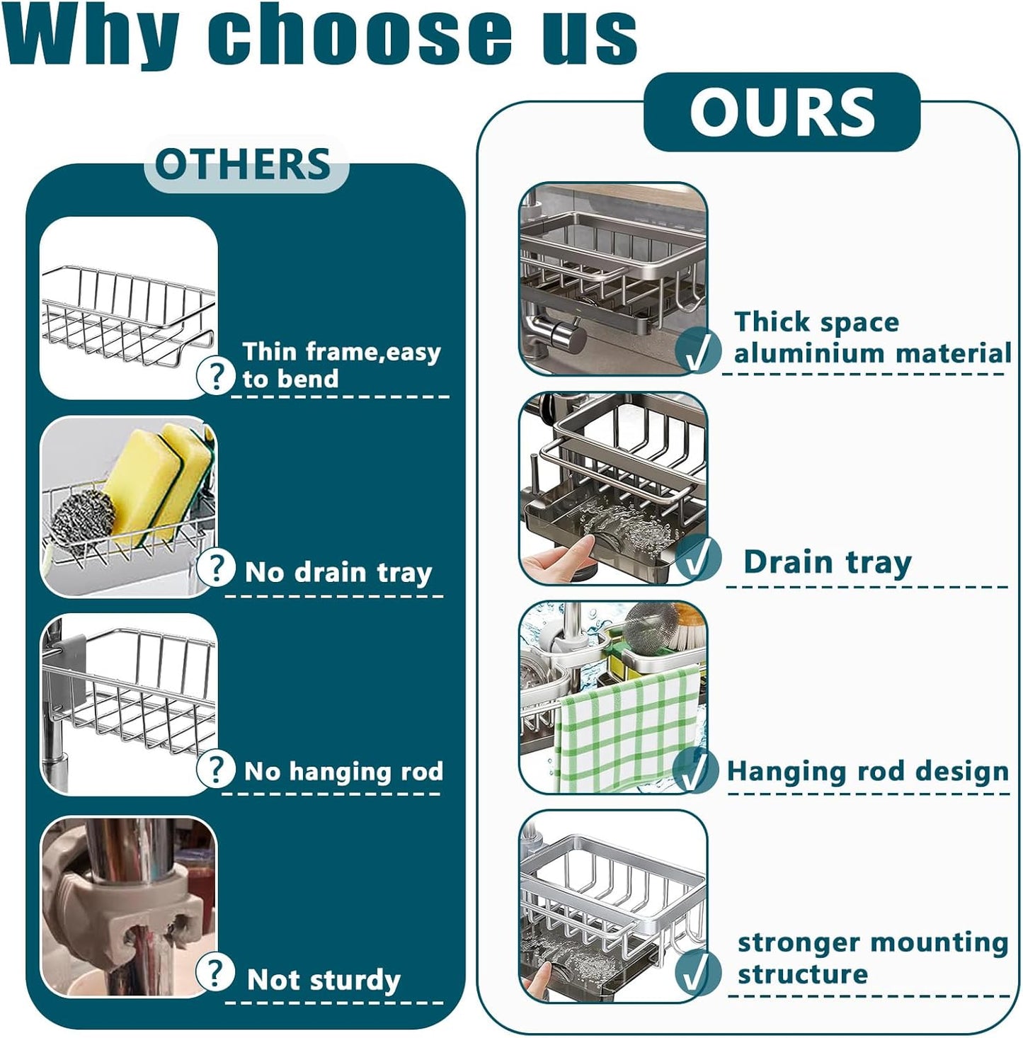 Sink Faucet Organizer Sponge Holder, Over Faucet Sink for 0.7-1.1" Round Water Pipe, Rustproof Caddy Rack, Adjustable Storage Shelf for Kitchen, Bathroom (Either Side Silver)