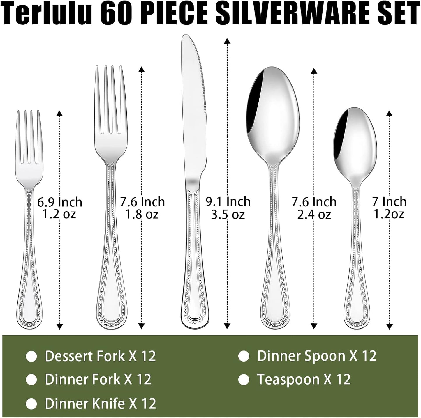 60-Piece Silverware Set for 12, Stainless Steel Flatware, Mirror Polished Cutlery Set, Utensils Include Spoons, Forks, Knives for Home, Restaurant, Beaded Handle, Dishwasher Safe