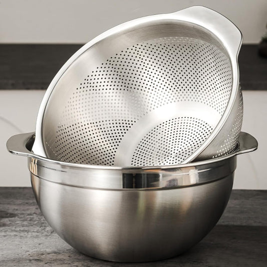18/8 Stainless Steel Microwell Colander, 5QT Large Capacity with Handle Kitchen Food Strainer Basket for Washing Vegetables, Fruits, Rice, and Pasta (primary colour, 5QTColander+5QT Mixing bowl)