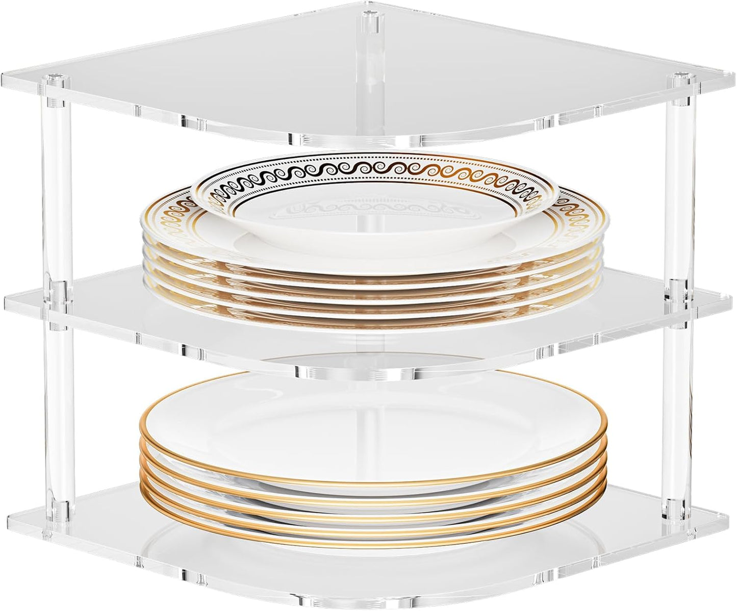 Plate Organizer for Cabinet Space Saver - Clear Acrylic Corner Shelf for Dishes, Bowls - 3-Tier Kitchen Cabinet Plate Organization, Dinner Plates Holder, and Small Shelf for Bathroom Storage