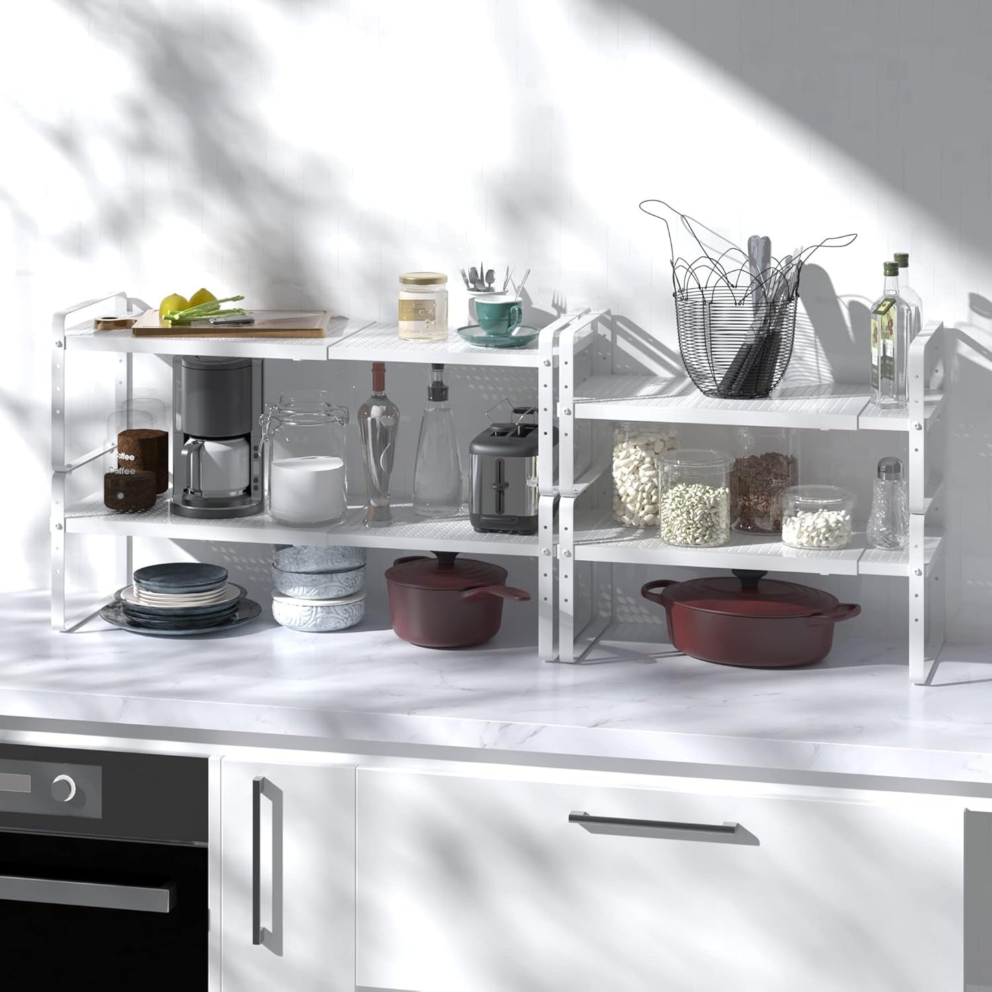 Expandable Cabinet Shelf Organizer Adjustable Metal Spice Rack Stackable Freestanding Counter Storage Shelves for Kitchen Cabinet Under Sink Office Desk (White - 2Pack - L16.5-27'' * W8'' * H9.6'')