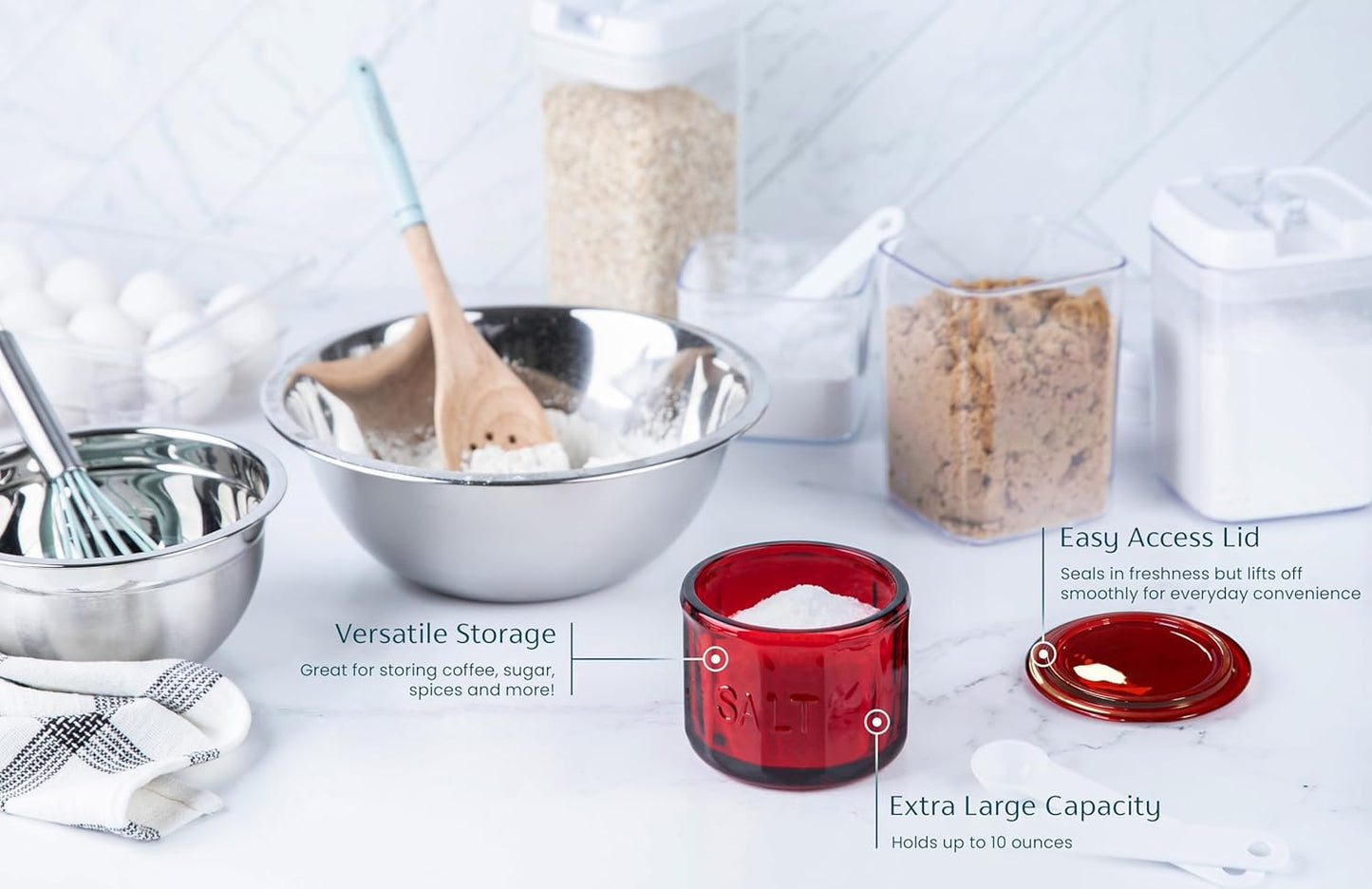 KooK Glass Salt Cellar, with Lid, Embossed Pressed Glass, Clear Storage Container, for Coffee, Sugar, Spices and Candies, 10 oz (Ruby Red)