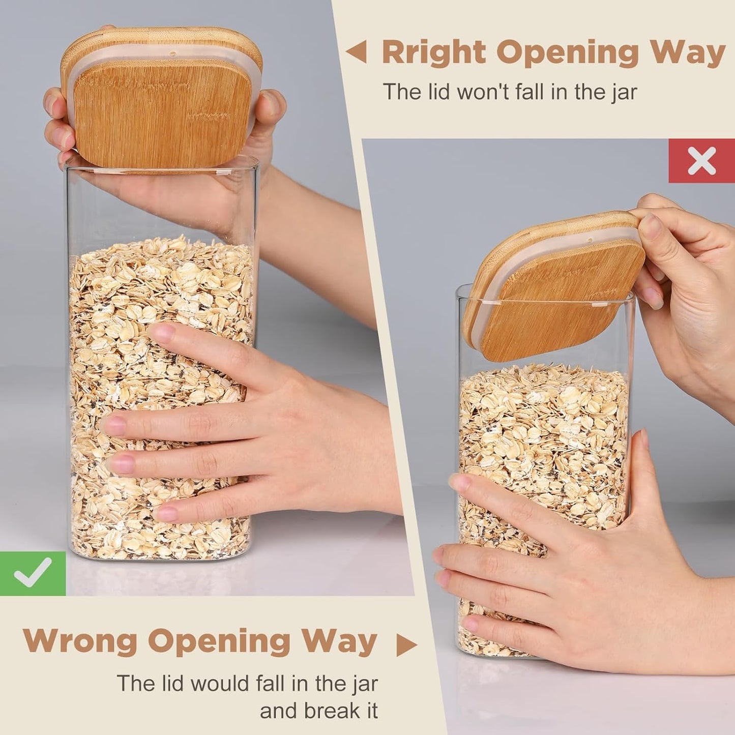 Glass Food Storage Jars Square 37oz, 4 Pack Glass Jars With Bamboo Lids, Kitchen Storage Containers For Spice, Candy, Cookie, Storage For Pantry Organizers