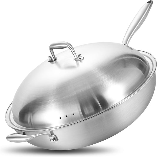 LOLYKITCH Tri-Ply 14.5 Inch Stainless Steel Wok Pan with Steel Lid, Stir-Fry Pan,Induction Cooking Pan,Dishwasher and Oven Safe