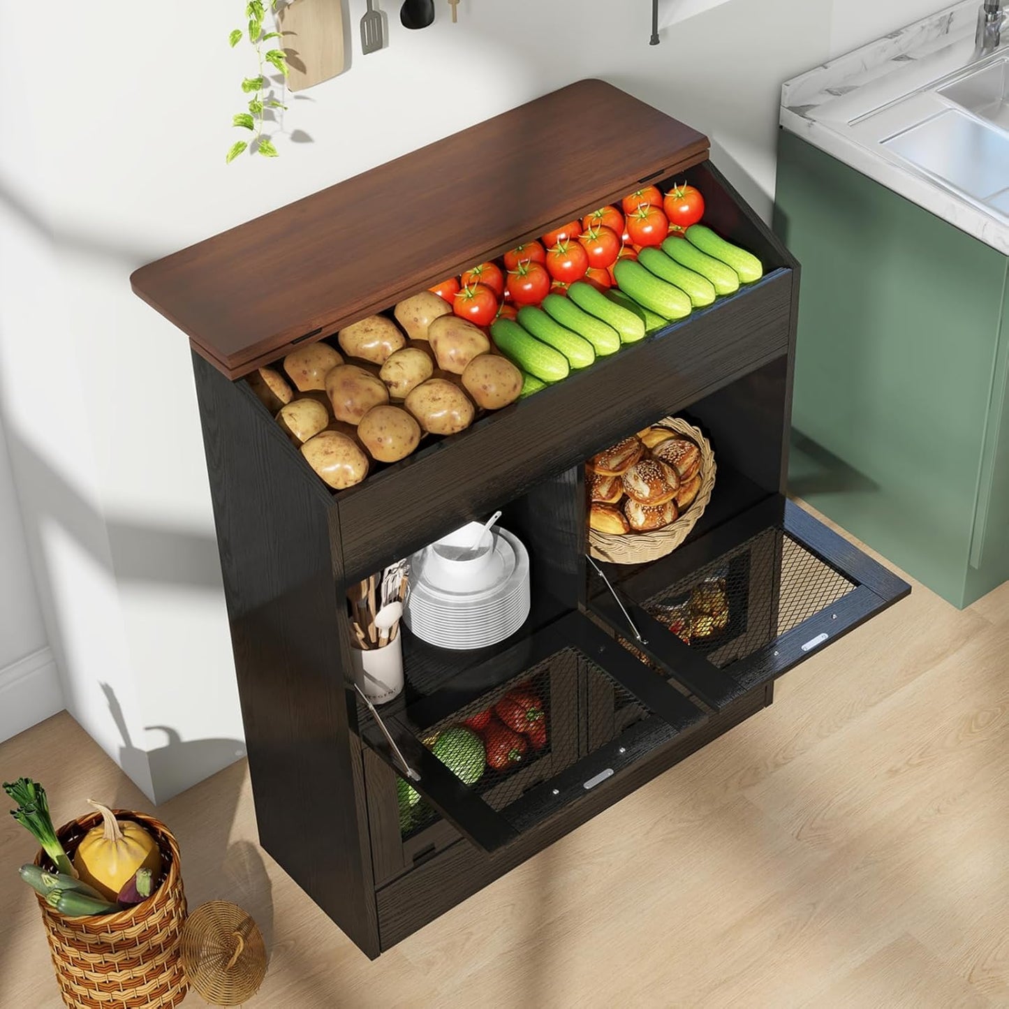 Patiorama Wood Potato and Onion Storage Bin Box, Large Vegetable Storage Box w/Lid,Wooden Bread Storage Bin w/4 Mesh Doors,Movable Bottom Drawer, Farmhouse Potato Storage Bins for Kitchen Pantry Black