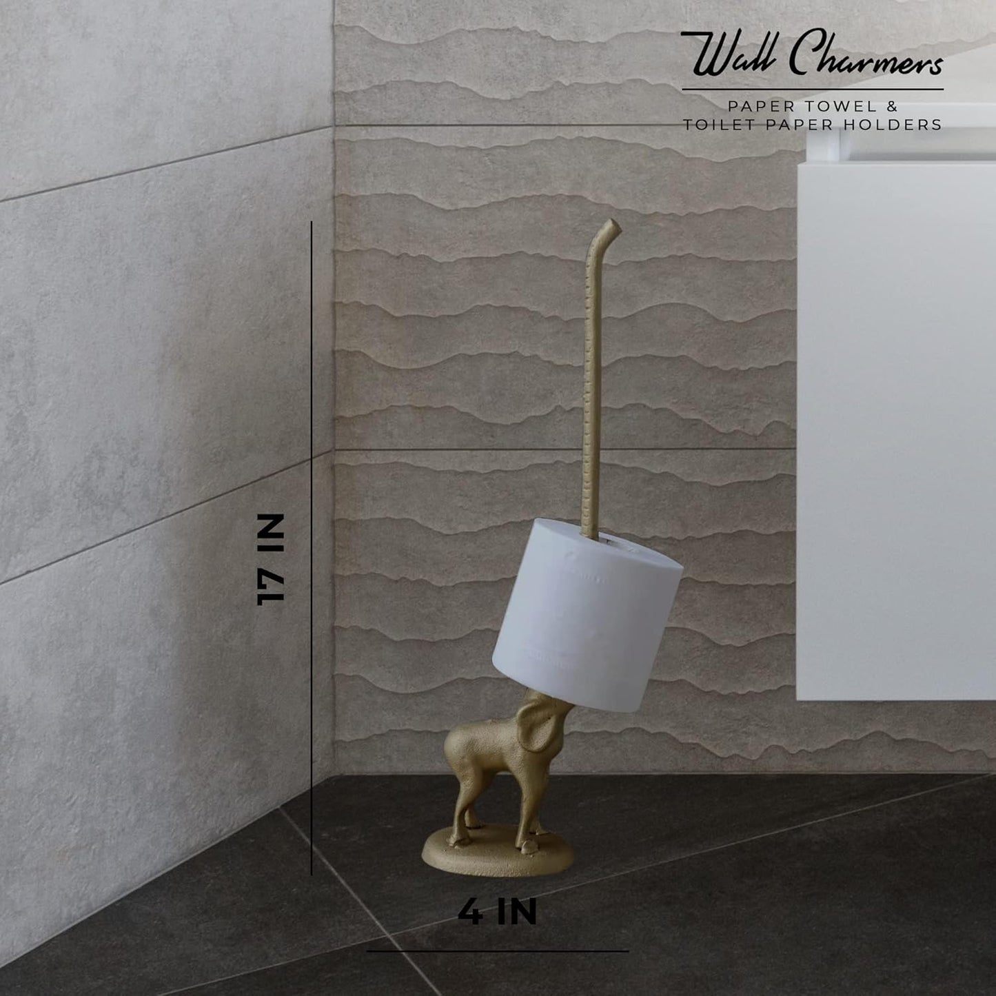 WallCharmers Gold Paper Towel Holder, Metal Toilet or Kitchen Paper Holder for Floor or Countertop, Gold Elephant
