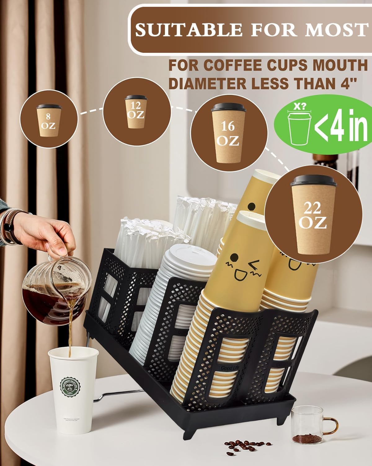 Coffee Cup Holder Organizer Unbreakable 2-IN-1 Paper Cup and Lid Holder with Straw Organizer Adjustable Paper Cup Holder for Countertop Coffee Station Bar Restaurant Breakroom Kitchen Office