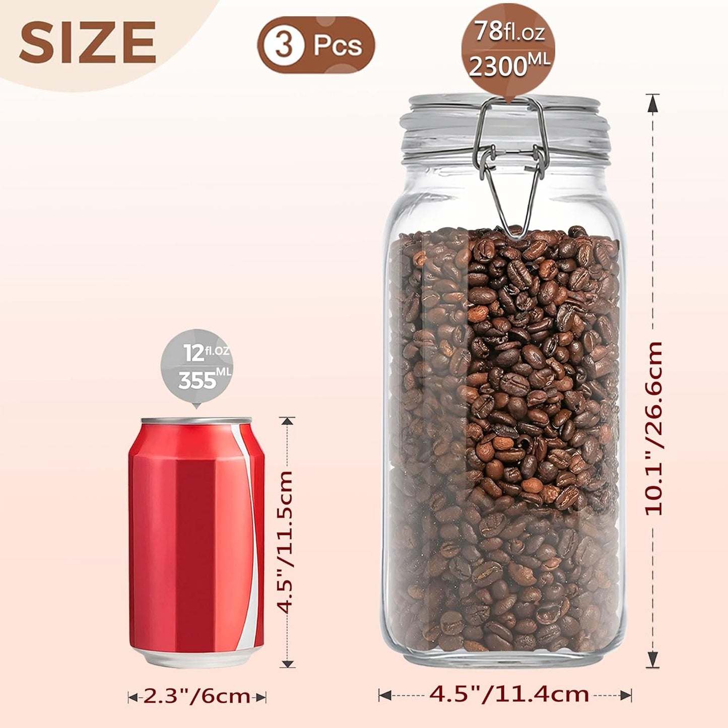 78oz Square Glass Food Storage Jars Storage Container with Clear Preserving Seal Wire Clip Fastening for Kitchen Canning Flour, Cereal, Pasta, Sugar, Beans