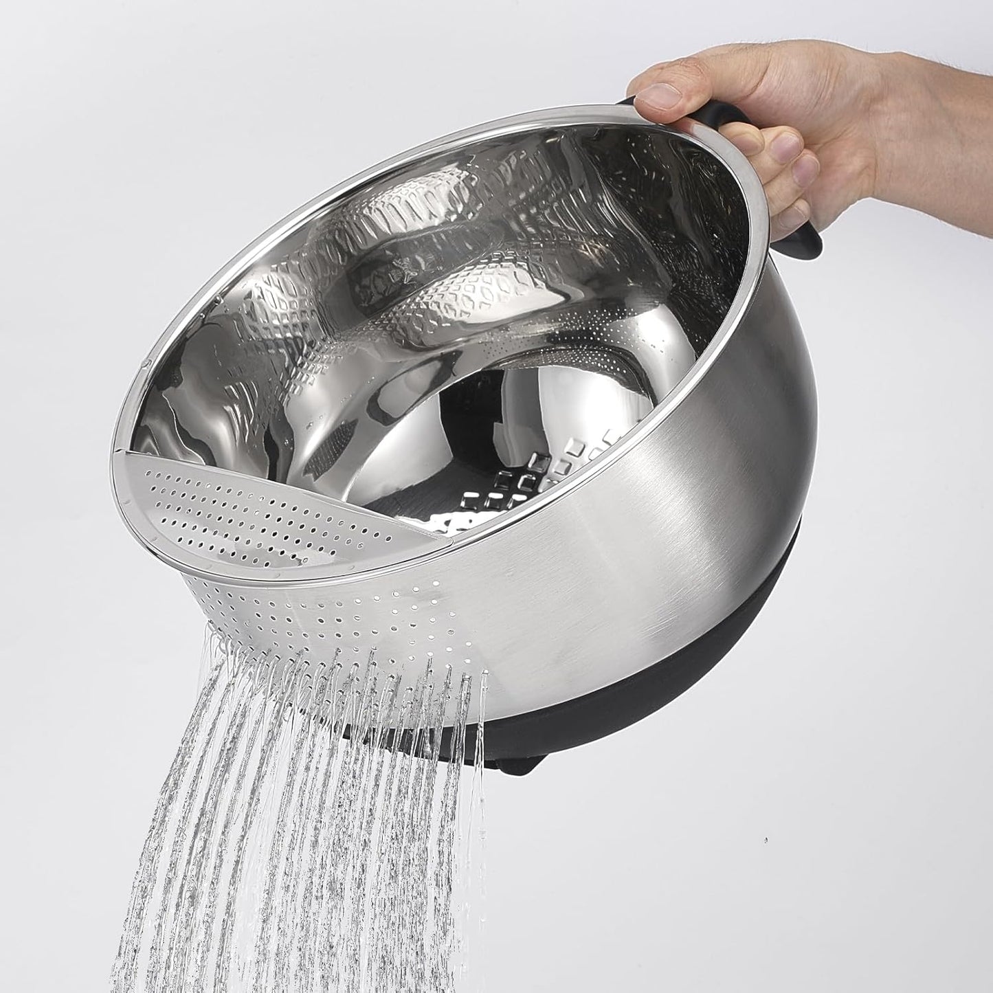 Rice Strainer Bowl Quinoa Washer whit Handle Stainless Steel Colander Versatile Side Drainers for Washing Cleaning Rinsing Fruits, Vegetables, and Beans - Tilting Non-slip Silicone Bottom