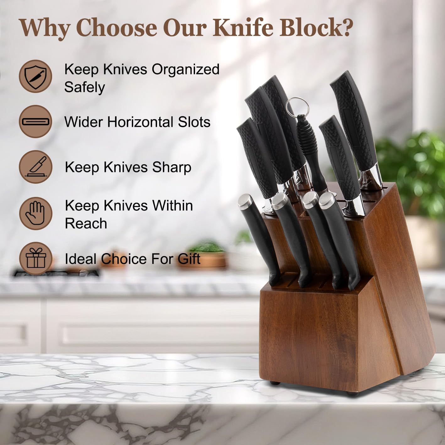 RedCall Universal Knife Block Holder,Large Wood Bamboo Knife Block without Knives,14 Slot Universal Knife Holder Countertop,Butcher Block Knife Storage Organizer for Kitchen (Brown)
