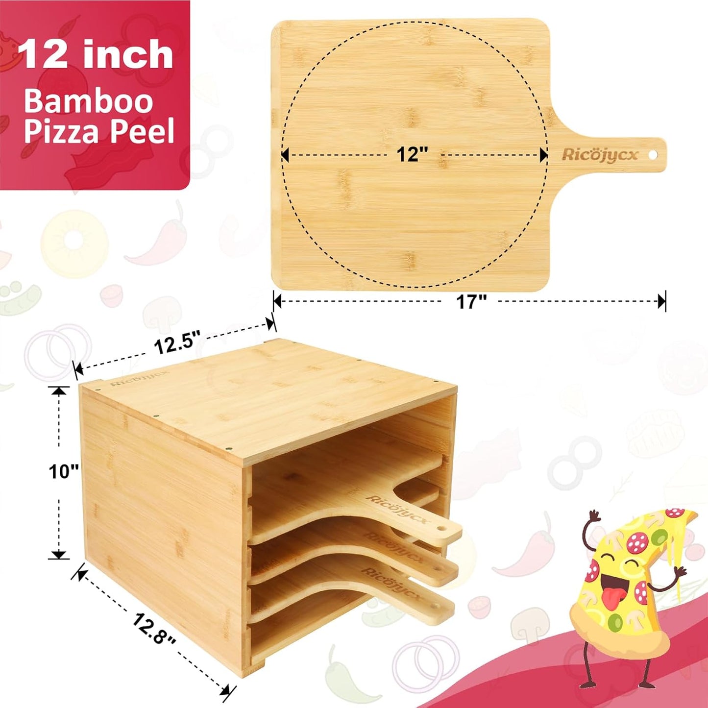 Multilayer Bamboo Pizza Peel Rack, Contain 4 x 12 Inch Non-Stick Bamboo Pizza Boards, Pizza Paddle Stand for Easy Storage and Baking Multiple Pizzas and Bread