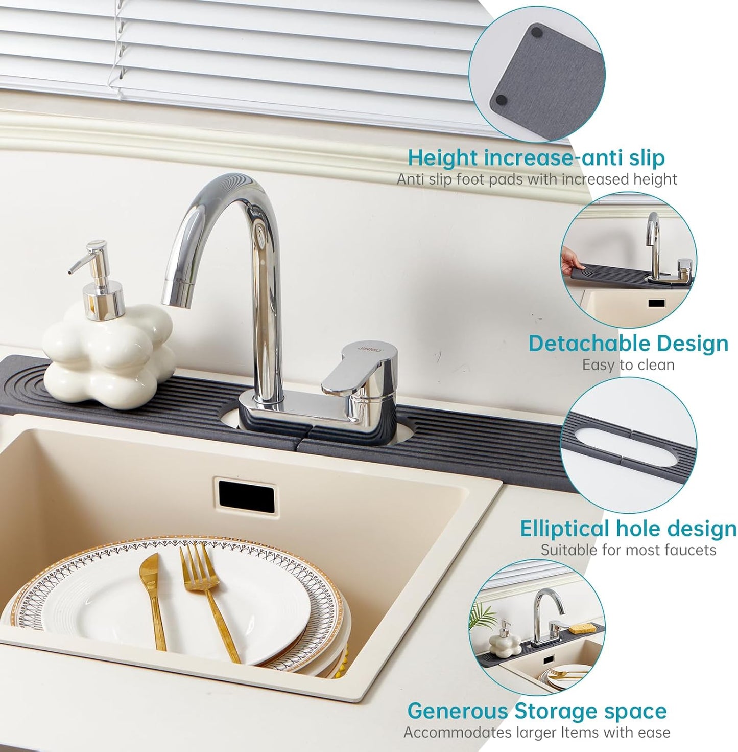 Stone Faucet Mat for Kitchen Sink with Oval Hole – 23.6" × 3.9" Diatomite Drying Stone Mat & Sink Protector, Quick-Dry Splash Guard Water-Absorbing Tray for Bathroom Counter（Dark Gray.23.6" x 3.9"）