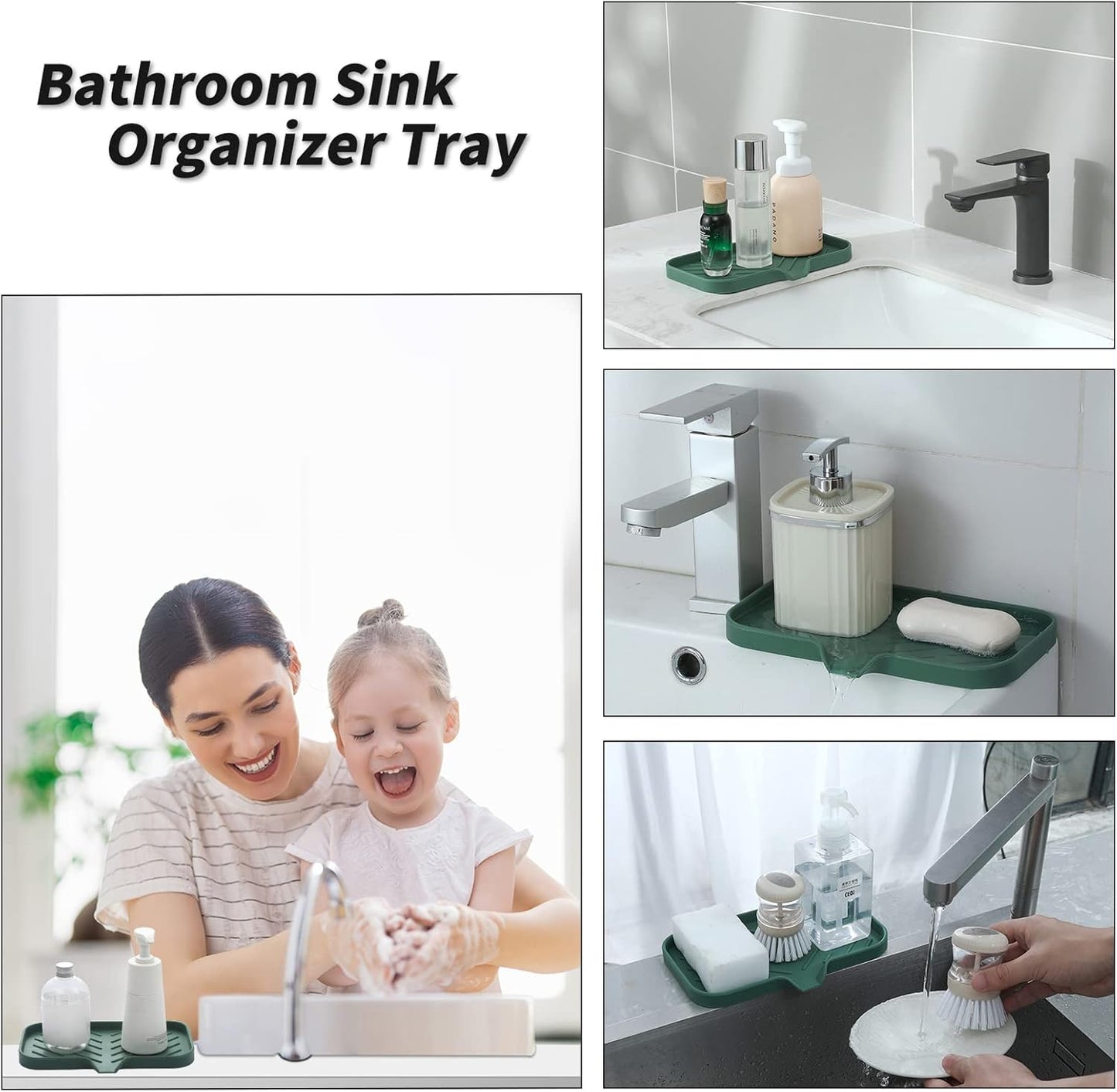 Silicone Bathroom Soap Dishes with Drain Spout-Bathroom and Kitchen Sink Organizer,Sponge Holder,Dish Soap Tray,Perfect for Dispenser,Scrubber,Bottle,Cup on Sink or Counter-Green 9.6"×5.3"