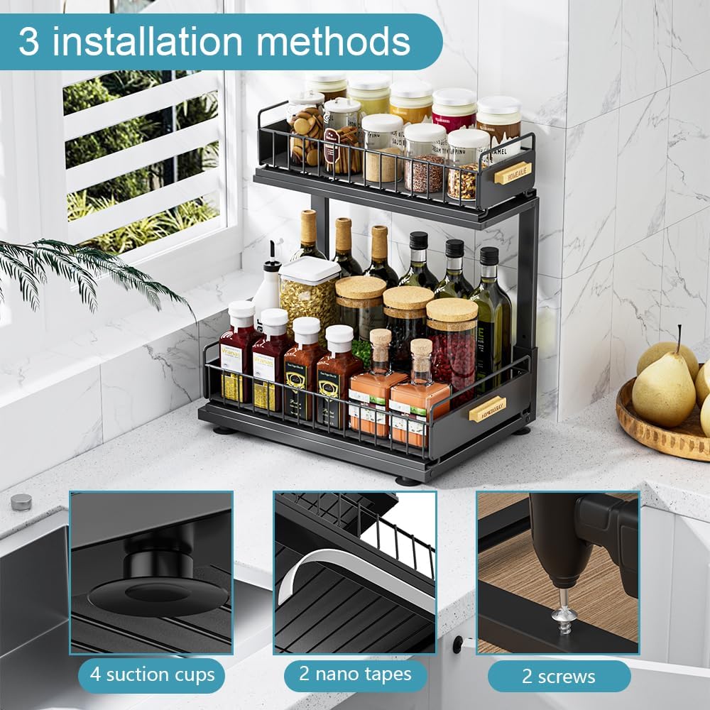 Under Sink Organizer, Pull Out Kitchen Cabinet Organizer, 2-Tier Metal Under Sink Organizers and Storage Height-Adjustable, Kitchen Bathroom Organizers and Storage Shelves, Black