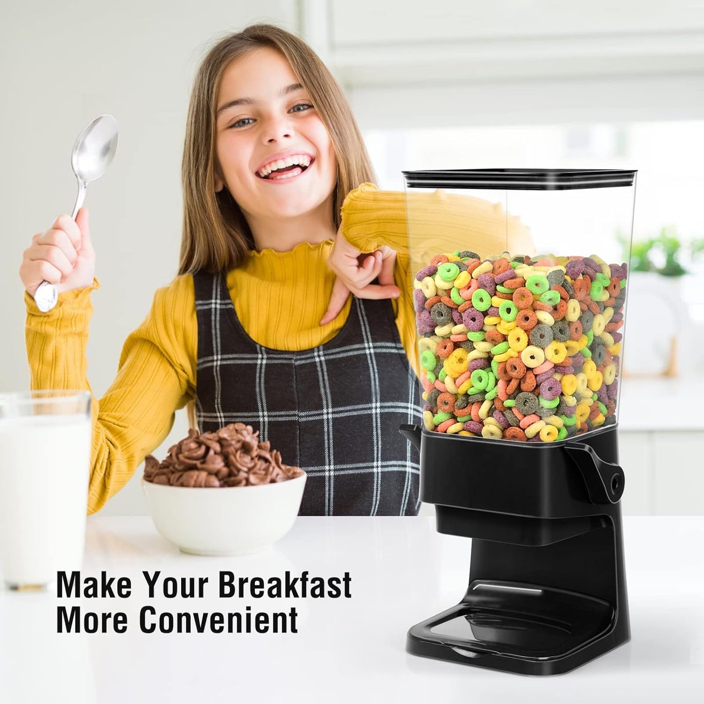 Cereal Dispenser Countertop Dual Dry Food Dispenser Large Cereal Containers Storage Organizer Dispensador De Cereales Candy Machine Rice Dispenser For Snack,Nuts, Granola(Black,1PC)