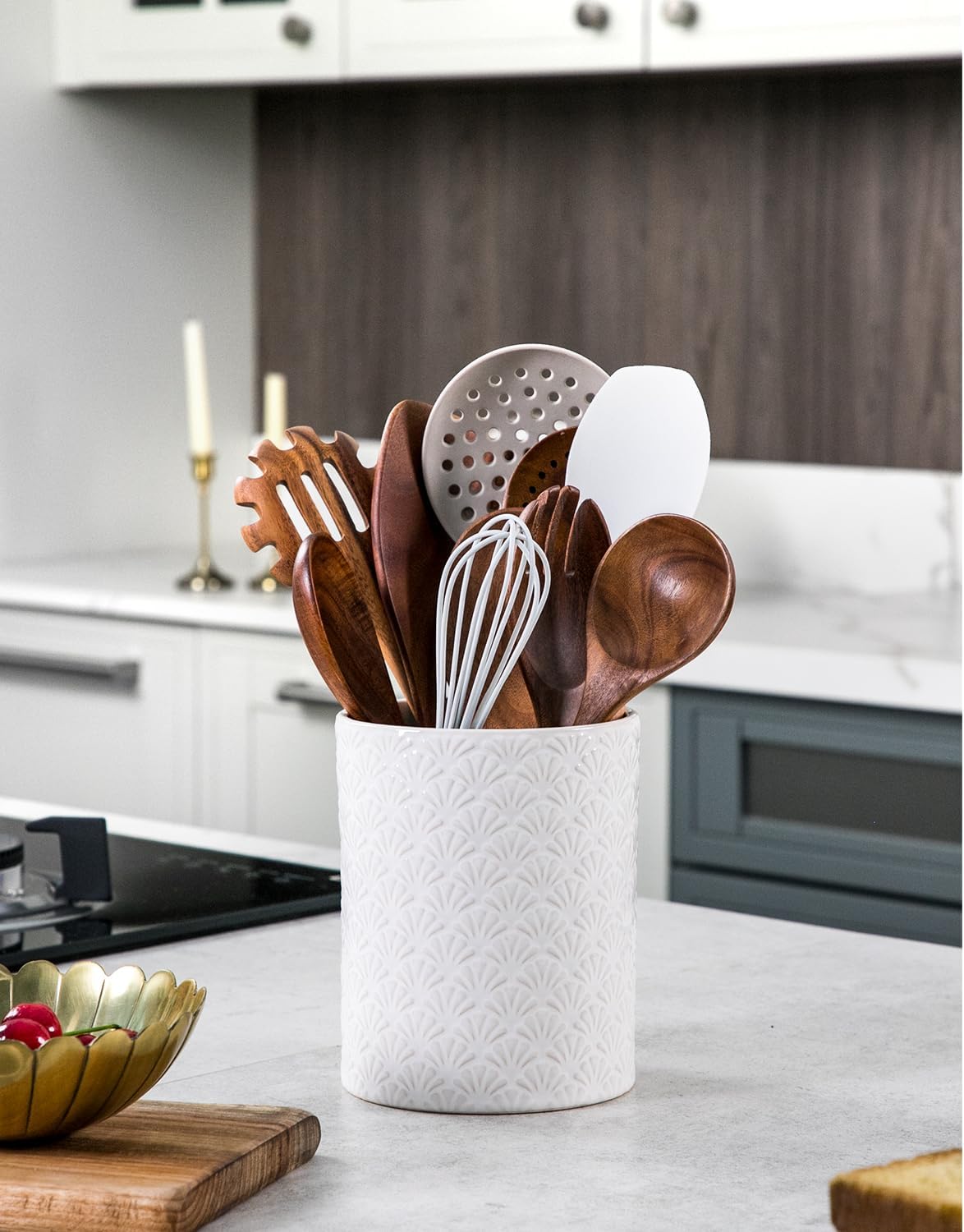 Nucookery 6.4'' Utensil Holder - Ceramic Utensil Holder for Kitchen Counter, Large Capacity Countertop Storage, Farmhouse Style Utensil Crock Organizer for Spoons, Spatulas & Cooking Tools