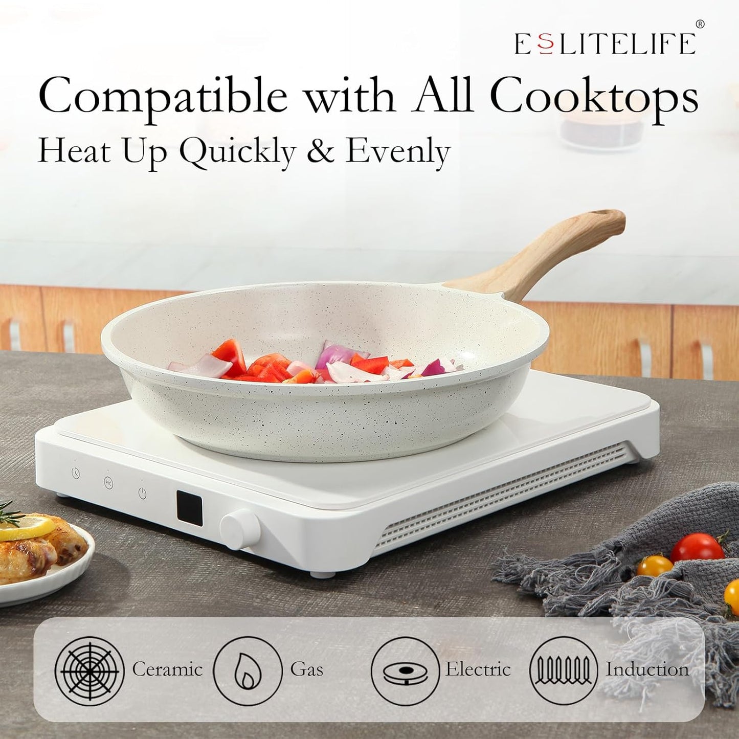 ESLITE LIFE Nonstick Ceramic Frying Pan Skillet with Lid, Non-Toxic Egg Omelette Kitchen Cooking Pans Compatible with All Stovetops (Gas, Electric & Induction), PTFE & PFOA Free (White, 11" w/Lid)