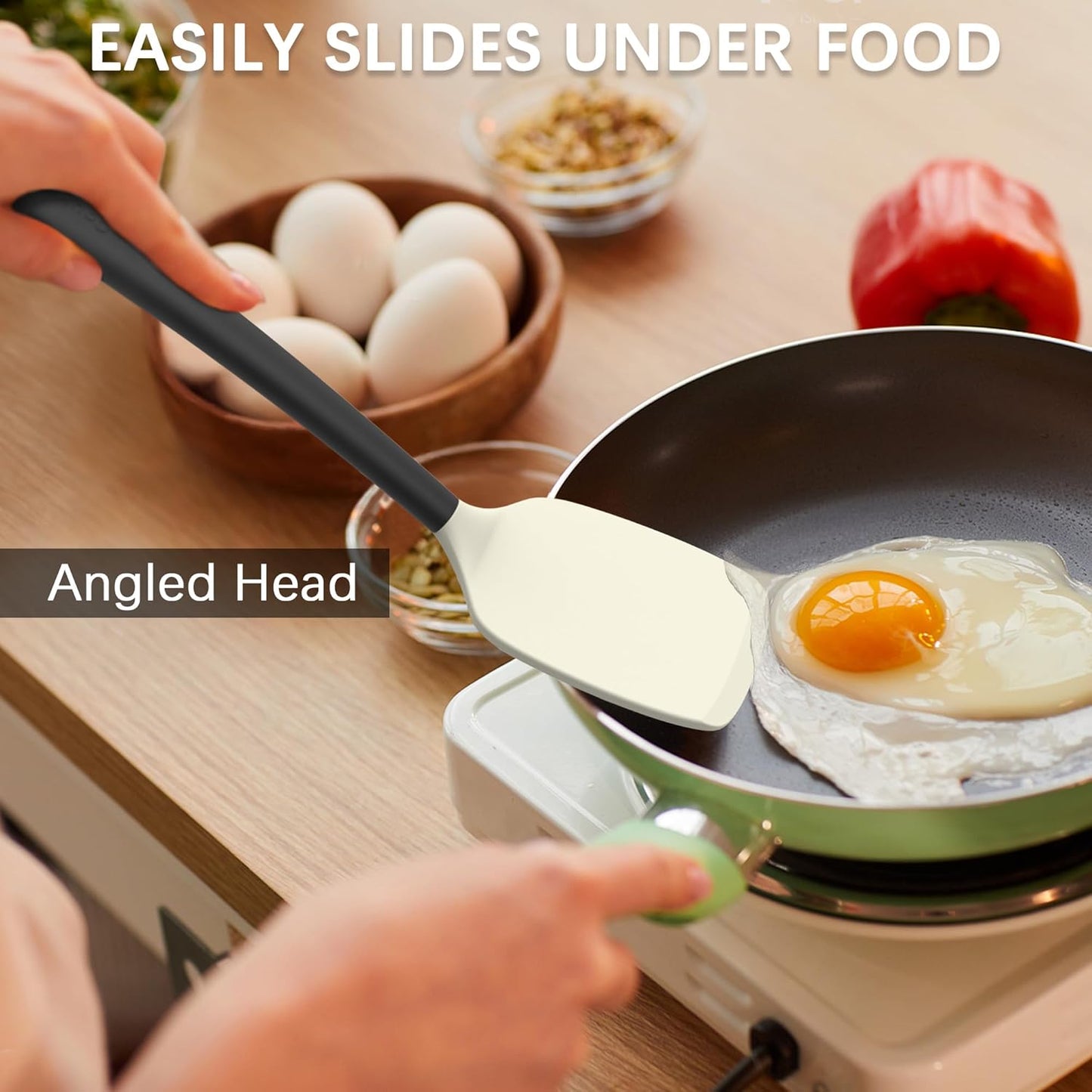 Coukre Silicone Spatula Set of 3, High Heat Resistant, BPA-Free, Kitchen Utensils, Fish Spatula, Solid & Slotted Turner for Non-Stick Pans, Flipping Eggs, Pancakes, Fish, Burgers (3, Beige)