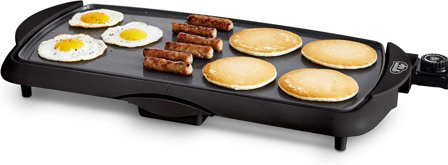 GreenLife 20” Extra Large Electric Griddle, Non-Toxic PFAS & PFOA-Free Ceramic Nonstick, Temperature Control, Quick Even Heating, Removable Drip Tray, Pancakes, Eggs, Sausage, Easy Clean, Black