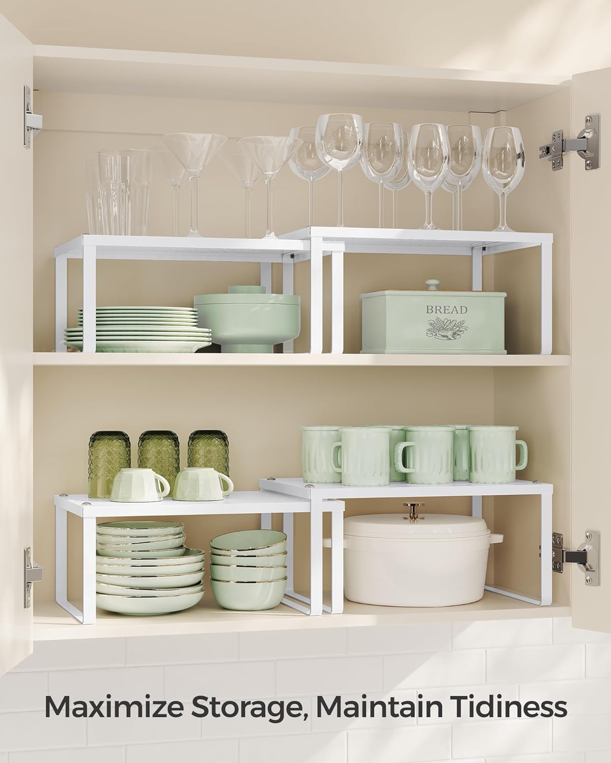 SONGMICS Spice Racks, Set of 2 Metal Cabinet Shelf Organizers, Countertop Organizers, Shelf Risers, Stackable, Expandable, White UKCS01WT