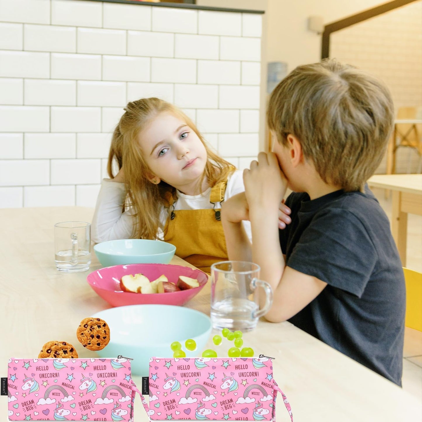 Reusable Sandwich Bag/Snack Bag for Kids & Adults, Dual Layer Lunch Bag with Handle, Washable, Food Safe, BPA Free (2-Pack, Rainbow Unicorn)