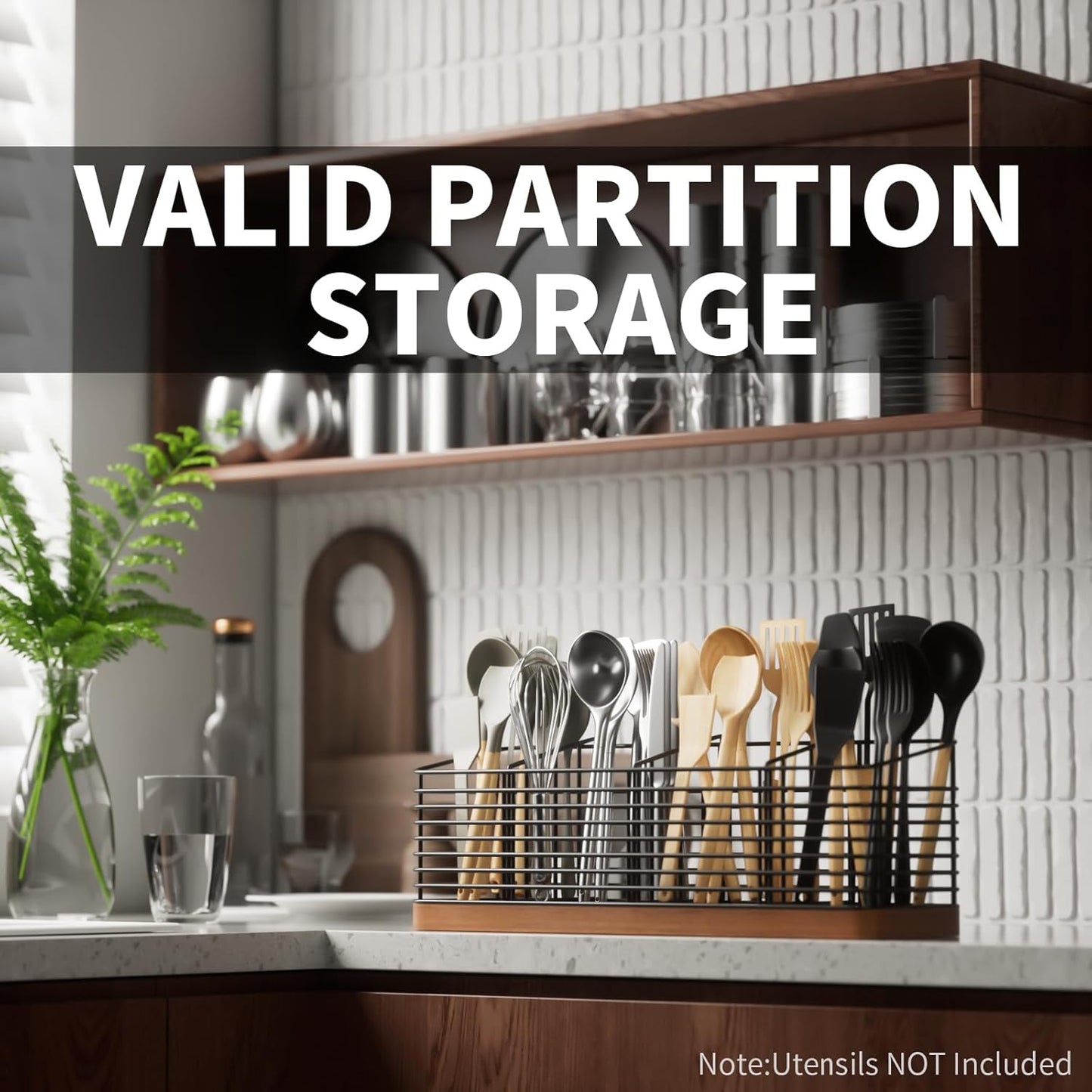 Large Utensil Holder for Kitchen Counter with 4 Compartments, Matte Black Metal Holder with Wooden Base Cooking Utensil Organizer for Spatula Utensil Crock Caddy