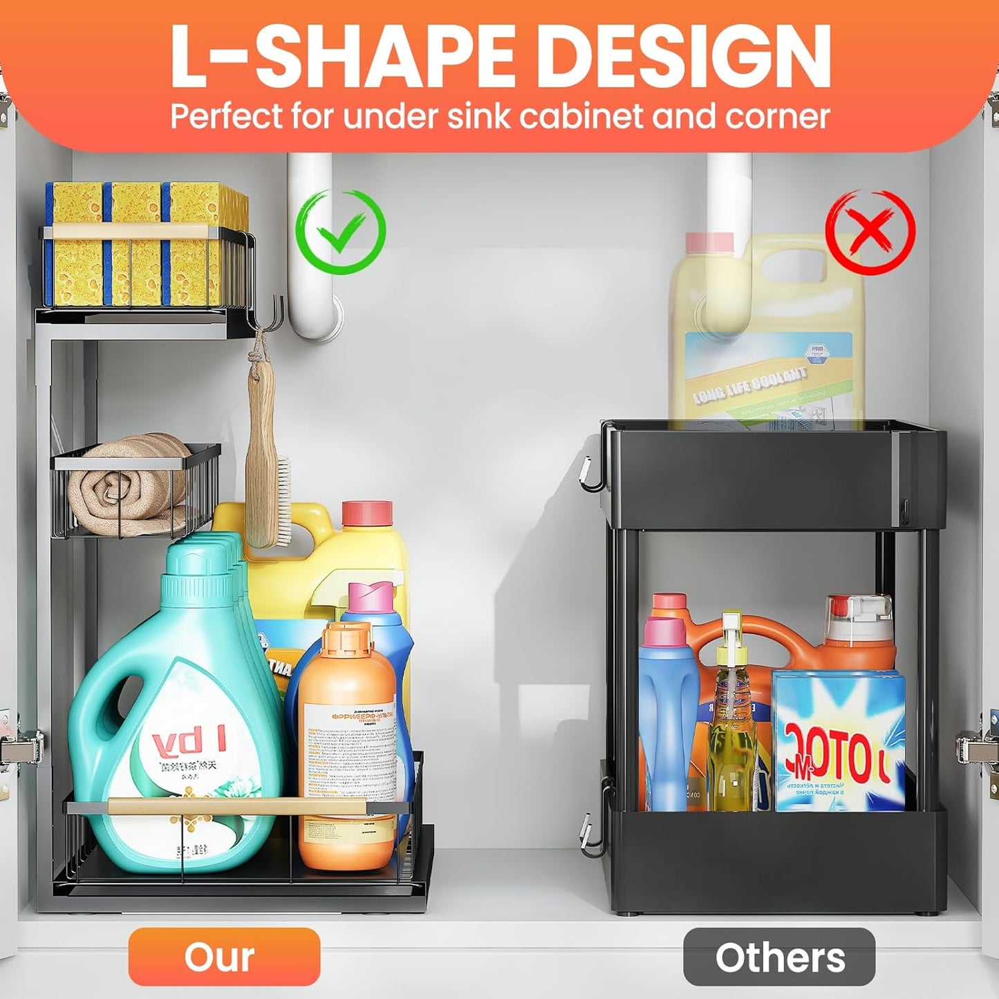 Under Sink Organizer and Storage for Bathroom and Kitchen - 1 Pack Pull Out Under Cabinet Shelf Organizers - 2 3 Tier Sliding Out Drawer Organization for Home Cabinets Shelves and Drawers