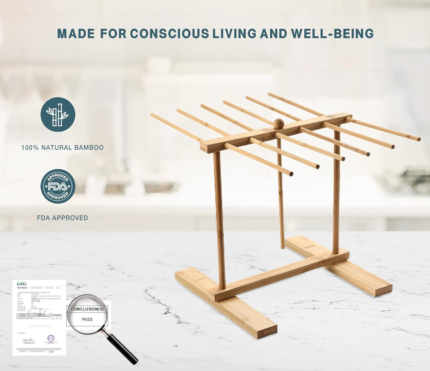 Bamboo Pasta Drying Rack with Transfer Wand and 12 Bars, Easy to Transfer for Drying Pasta and Cooking, Special Suspension Design for Large Storage