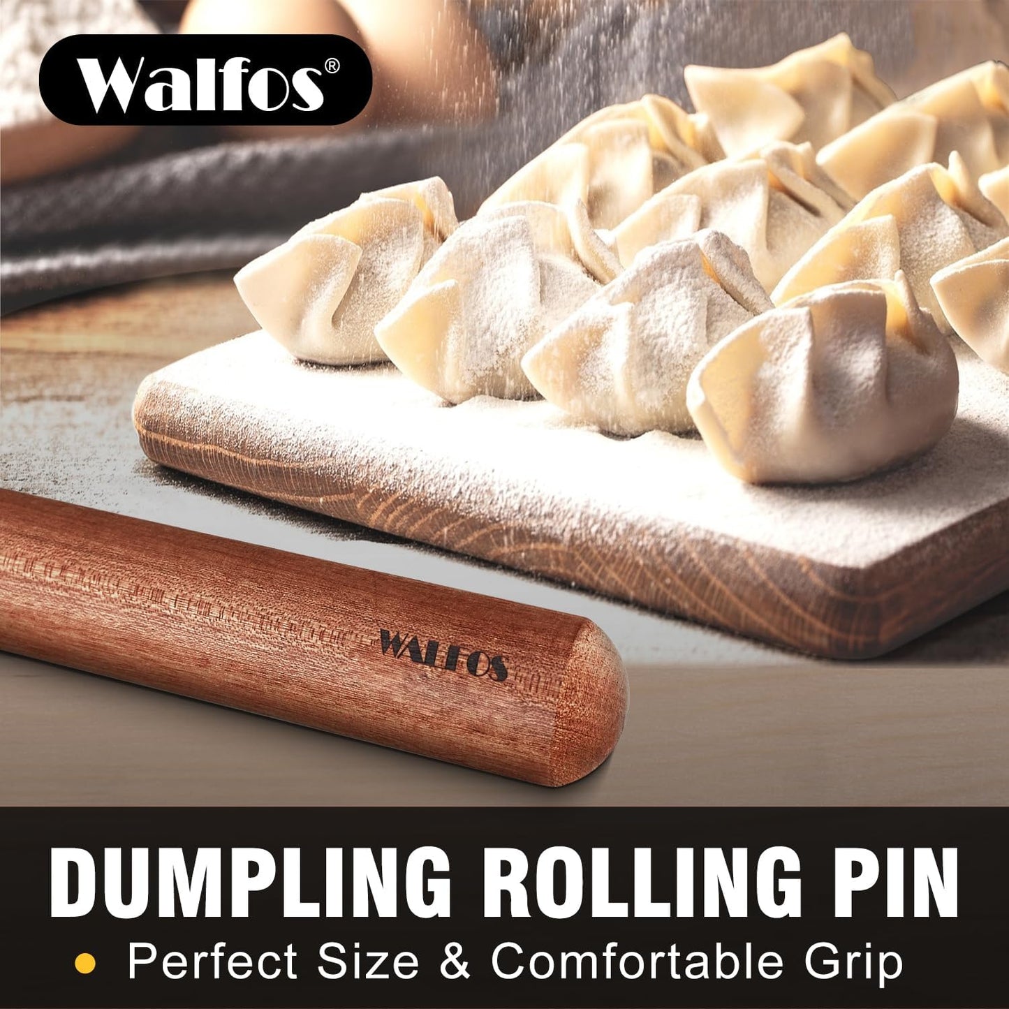 Walfos Mini Rolling Pin - Small Natural Wooden Rolling Pins, Baking Dough Roller for Pizza, Pie, Pasta, Bread, Pastry, No Coating (8inch)