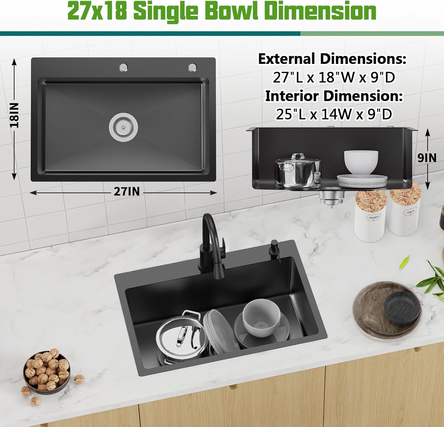 Black 27x18 Inch Kitchen And Bar Sink-Stainless Steel Drop In Kitchen Sink Modern Single Bowl Topmount Bar Sink Come With Silicon Mat,Drain Strainer Set Compatibility With Various Kitchen&Bar Style