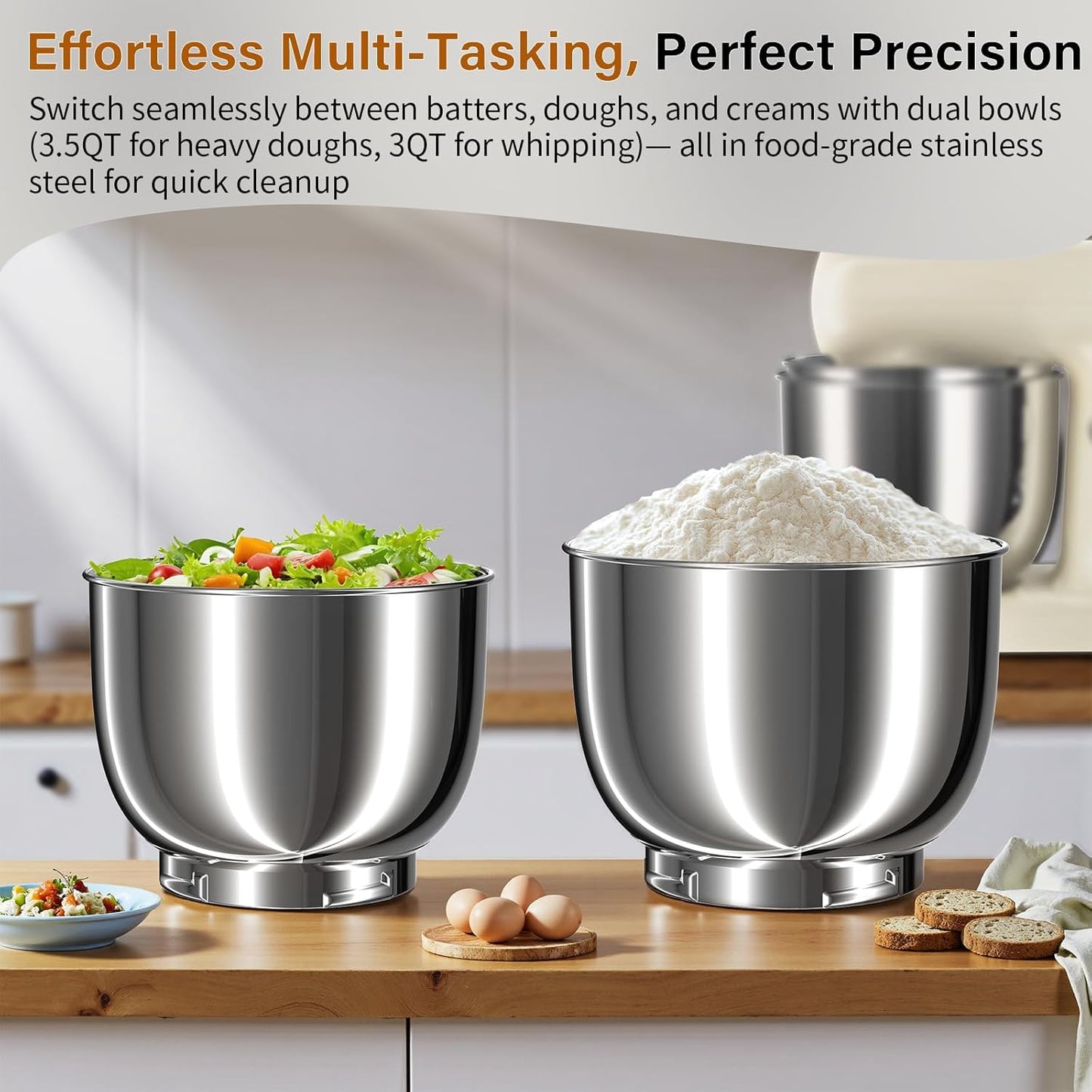 Stand Mixer with 3QT+3.5QT Dual Bowls, 10-Speed Electric 300W Food Mixer - Includes Egg Whisk, Dough Hook & Flat Beater for Home Baking & Daily Cooking (White)