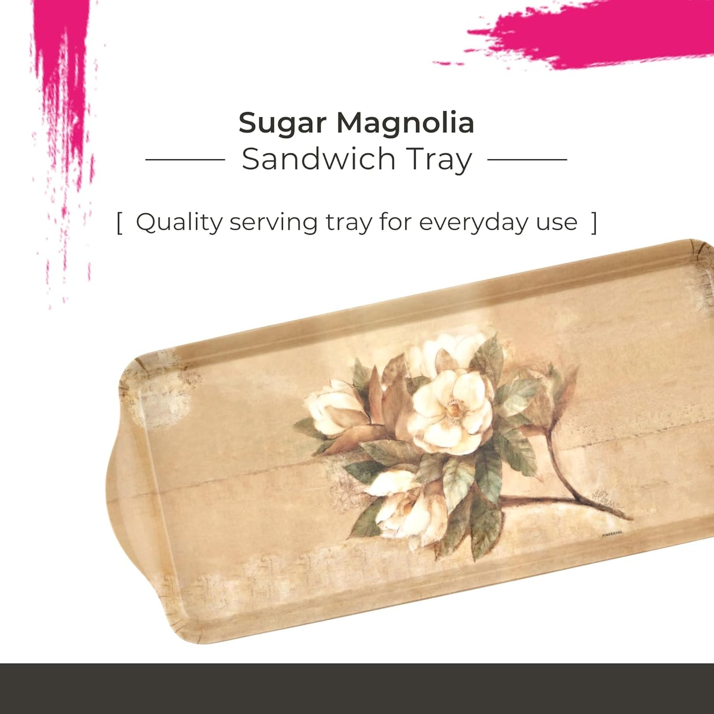 Pimpernel Sugar Magnolia Sandwich Tray - Rectangular Melamine Snack Tray with Blooming Floral Design, Pink & Green Tones - Dishwasher Safe Serving Platter for Breakfast Pastries or Decorative Display