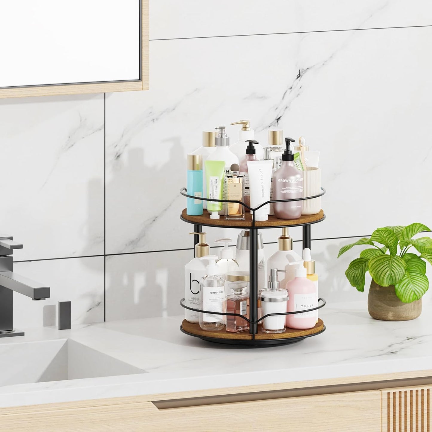 Lazy Susan Organizer 2 Tier - Turntable Spice Rack for Table Top, Wooden Rotating Lazy Susan for Cabinet Pantry Kitchen Countertop Dining Table Cupboard Bathroom Vanity Storage