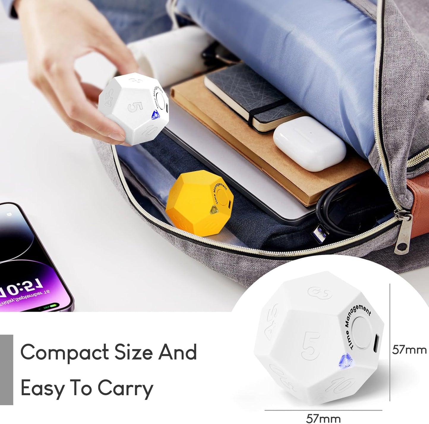 Pomodoro Timer - 11 Preset Productivity Timer, Ring/Vibrate Mode Cube for Cooking, Learning, Exercise and Beauty - White