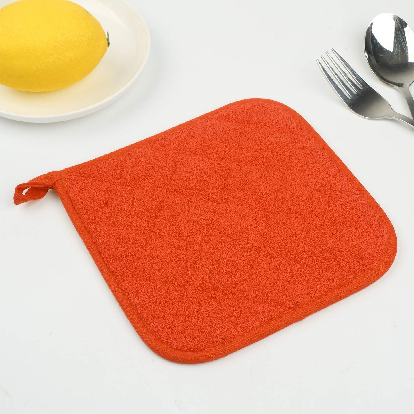 100% Cotton Kitchen Everyday Basic Terry Pot Holder Heat Resistant Coaster Potholder for Cooking and Baking Set of 5 Orange